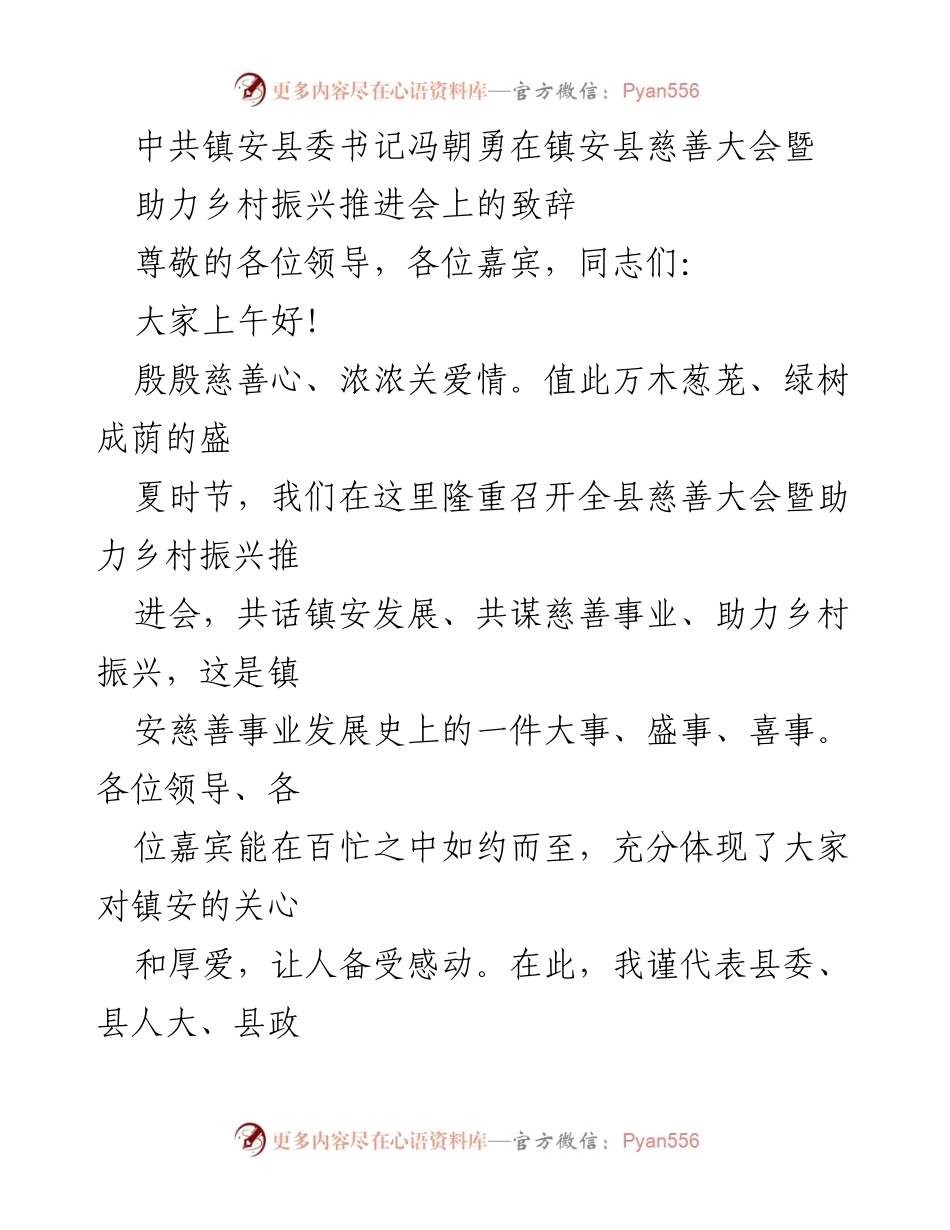 [发言] 慈善大会暨助力乡村振兴推进会 - 镇安县慈善事业与乡村振兴的致辞.docx_第1页