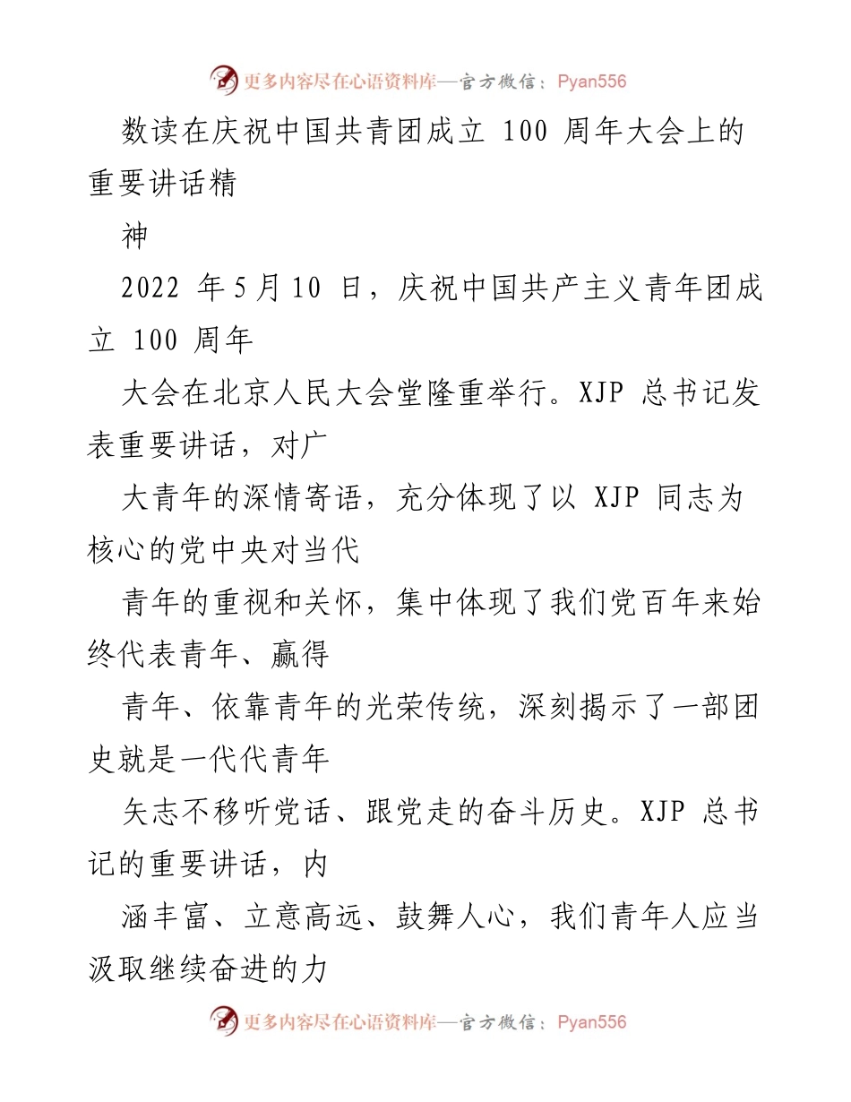 [发言] 庆祝大会 - 中国共青团成立百年：青年使命与未来展望.docx_第1页