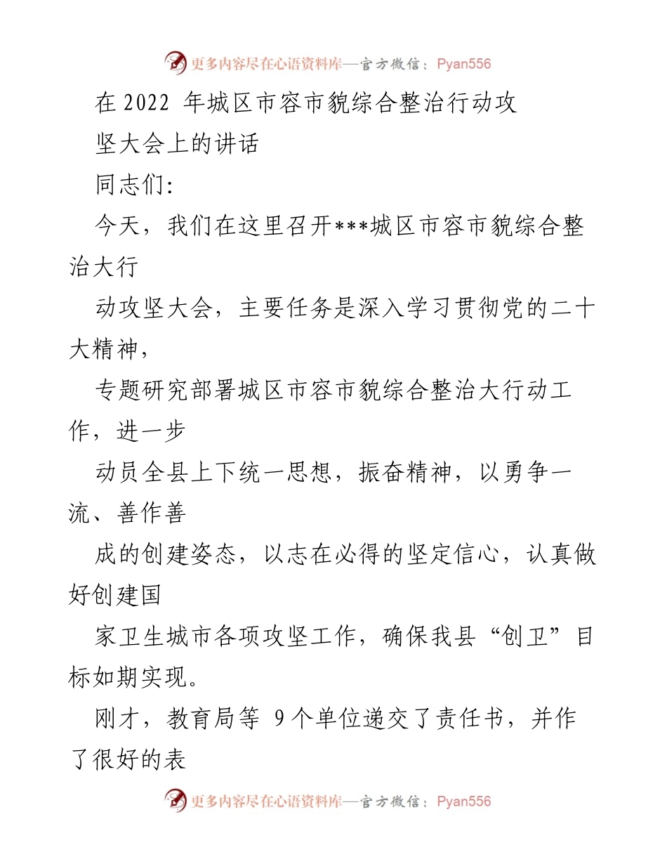[发言] 攻坚大会 - 加强城区市容市貌综合整治，确保创卫目标实现.docx_第1页