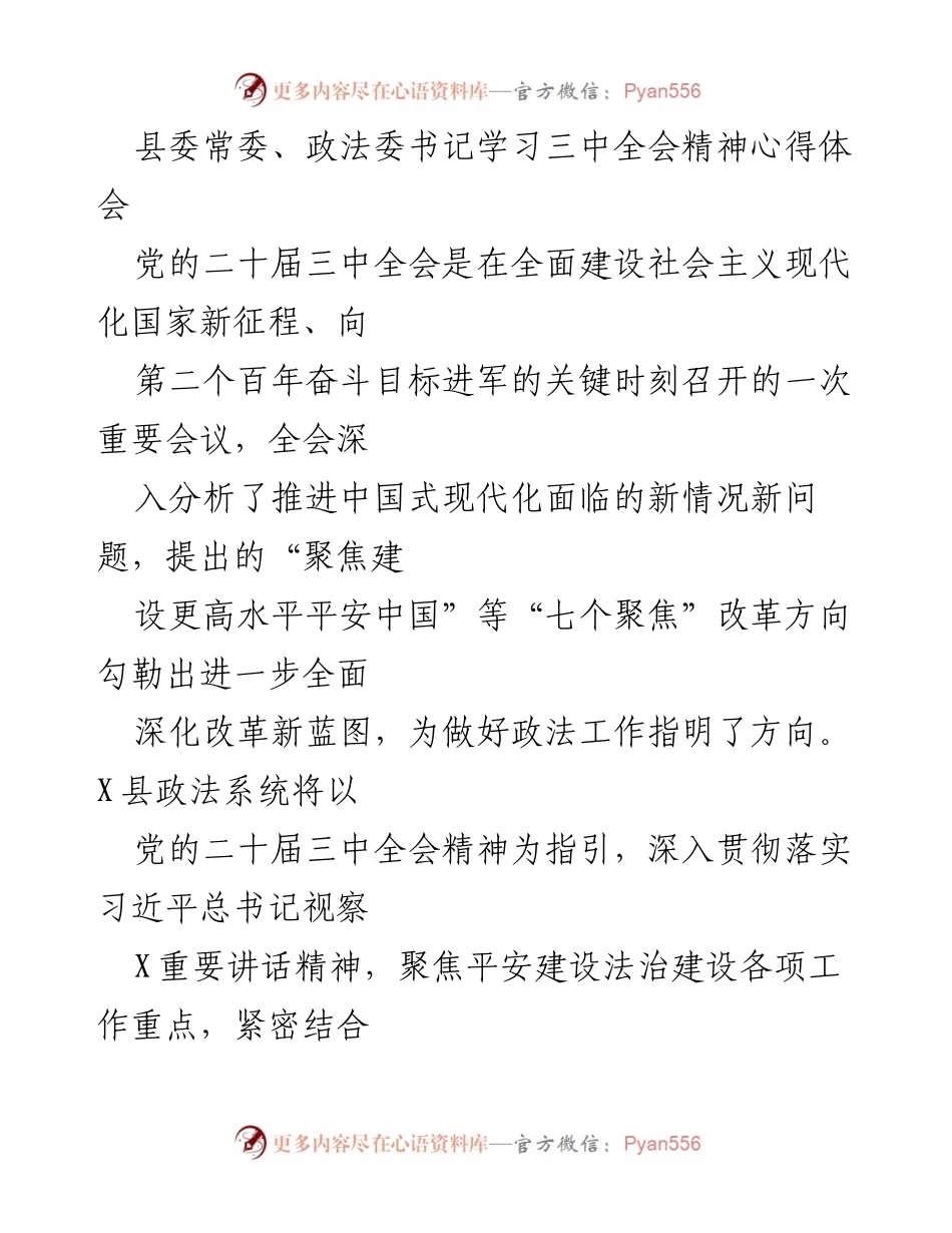 [发言] 政法系统学习会议 - 深入学习党的二十届三中全会精神，推动政法工作高质量发展.docx_第1页