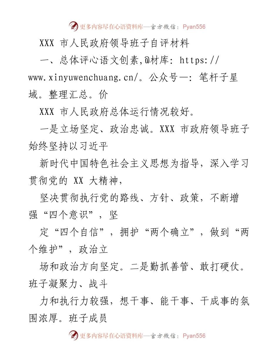 [发言] 政府工作自评 - XXX市人民政府领导班子自评材料总结.docx_第1页