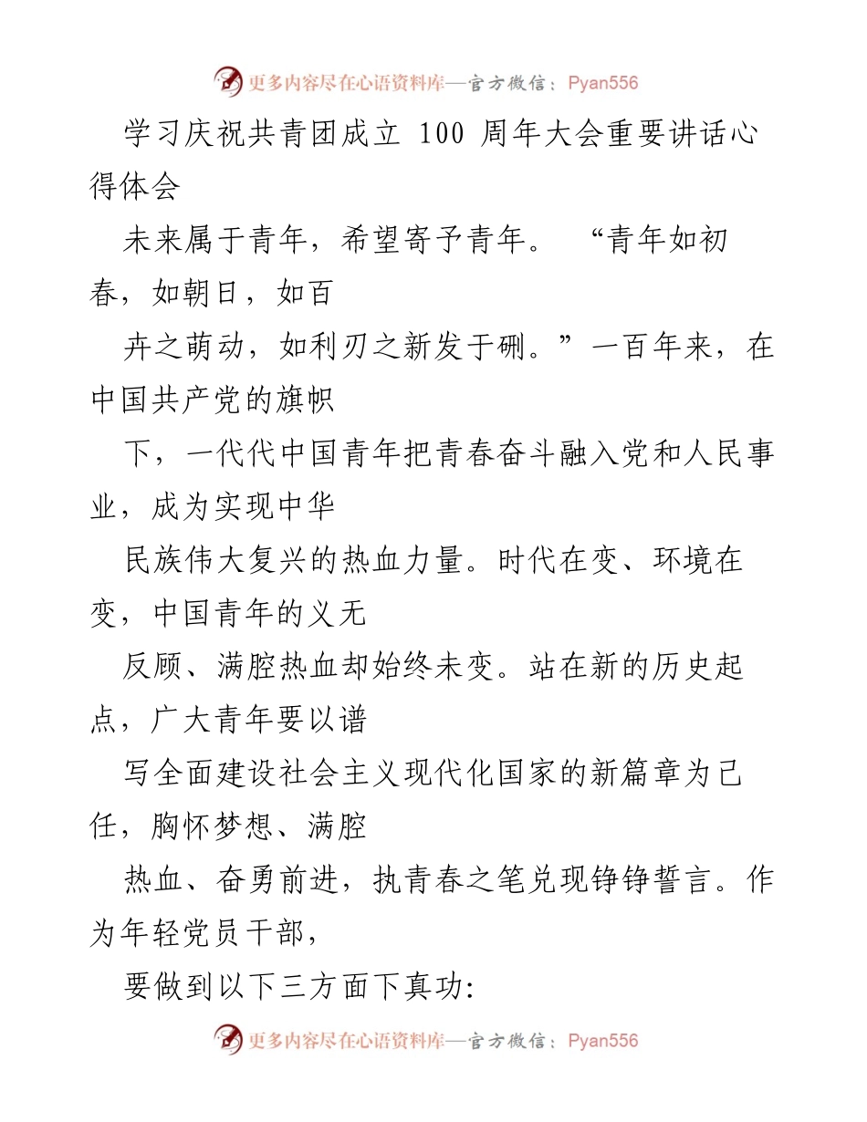 [发言] 庆祝共青团成立100周年大会 - 青年奋斗与学习的重要性.docx_第1页