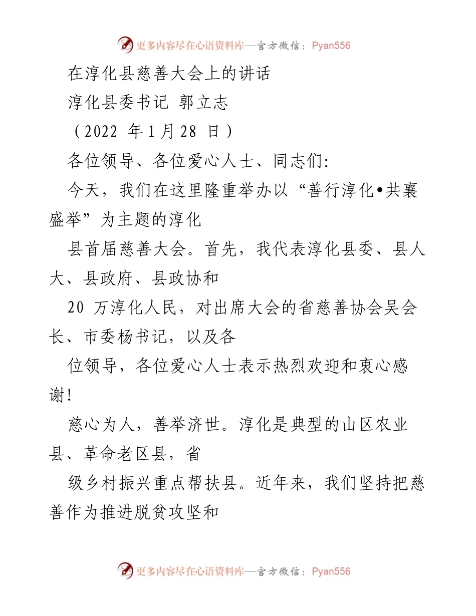 [发言] 慈善大会 - 善行淳化，共襄盛举：淳化县委书记在首届慈善大会上的讲话.docx_第1页