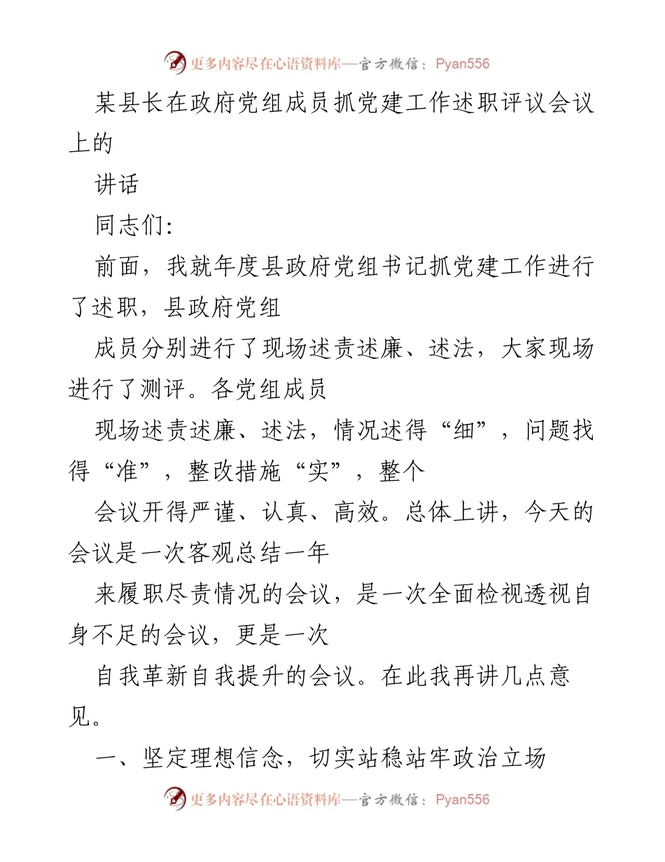 [发言] 政府党组成员抓党建工作述职评议会议 - 加强党建工作，提升政治责任感与执行力.docx_第1页