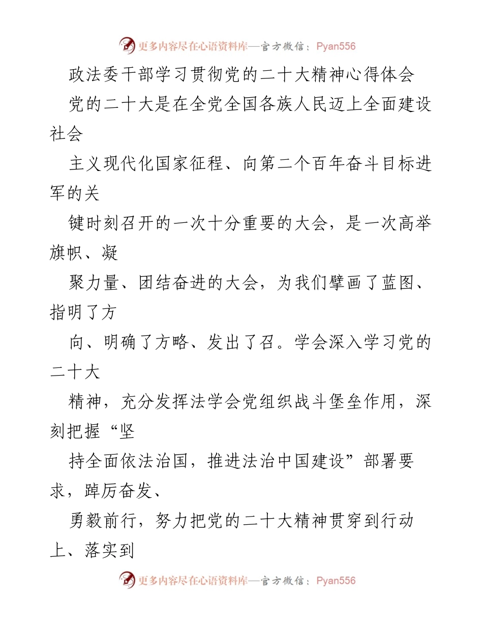[发言] 政法委干部学习会 - 深入学习贯彻党的二十大精神的心得体会.docx_第1页