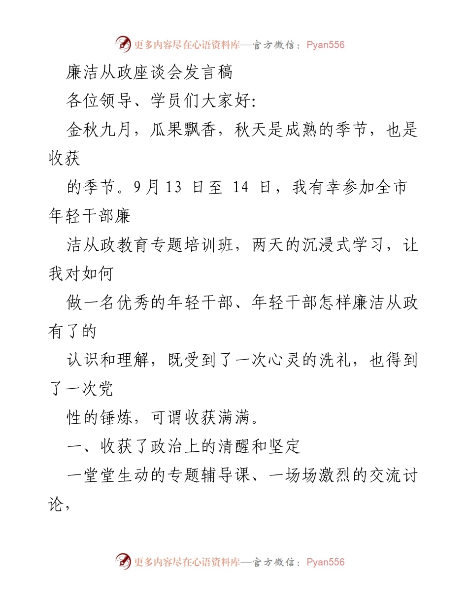 [发言] 廉洁从政座谈会 - 年轻干部的使命与担当.docx_第1页