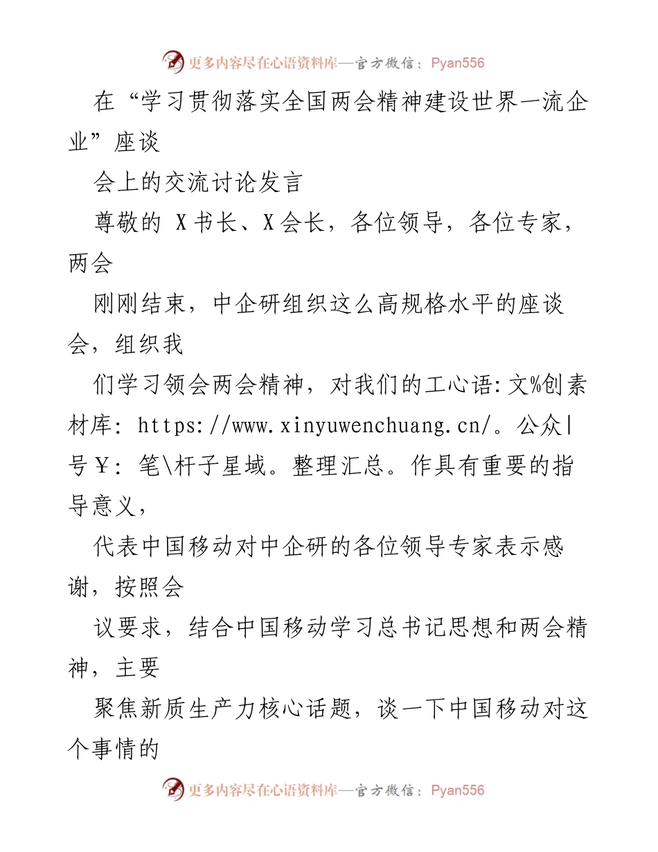 [发言] 座谈会 - 贯彻全国两会精神，推动新质生产力发展.docx_第1页