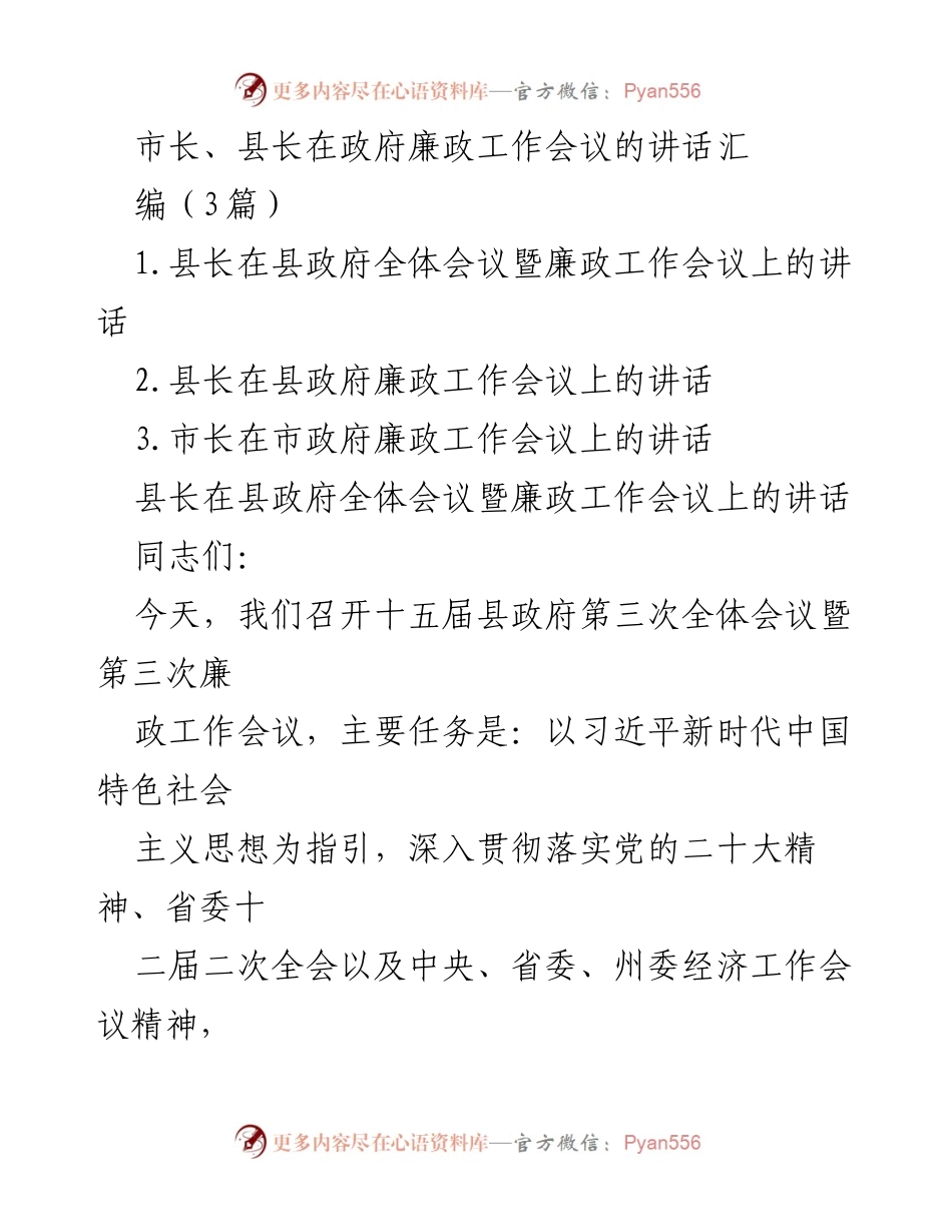 [发言] 政府廉政工作会议 - 县市领导讲话汇编摘要.docx_第1页