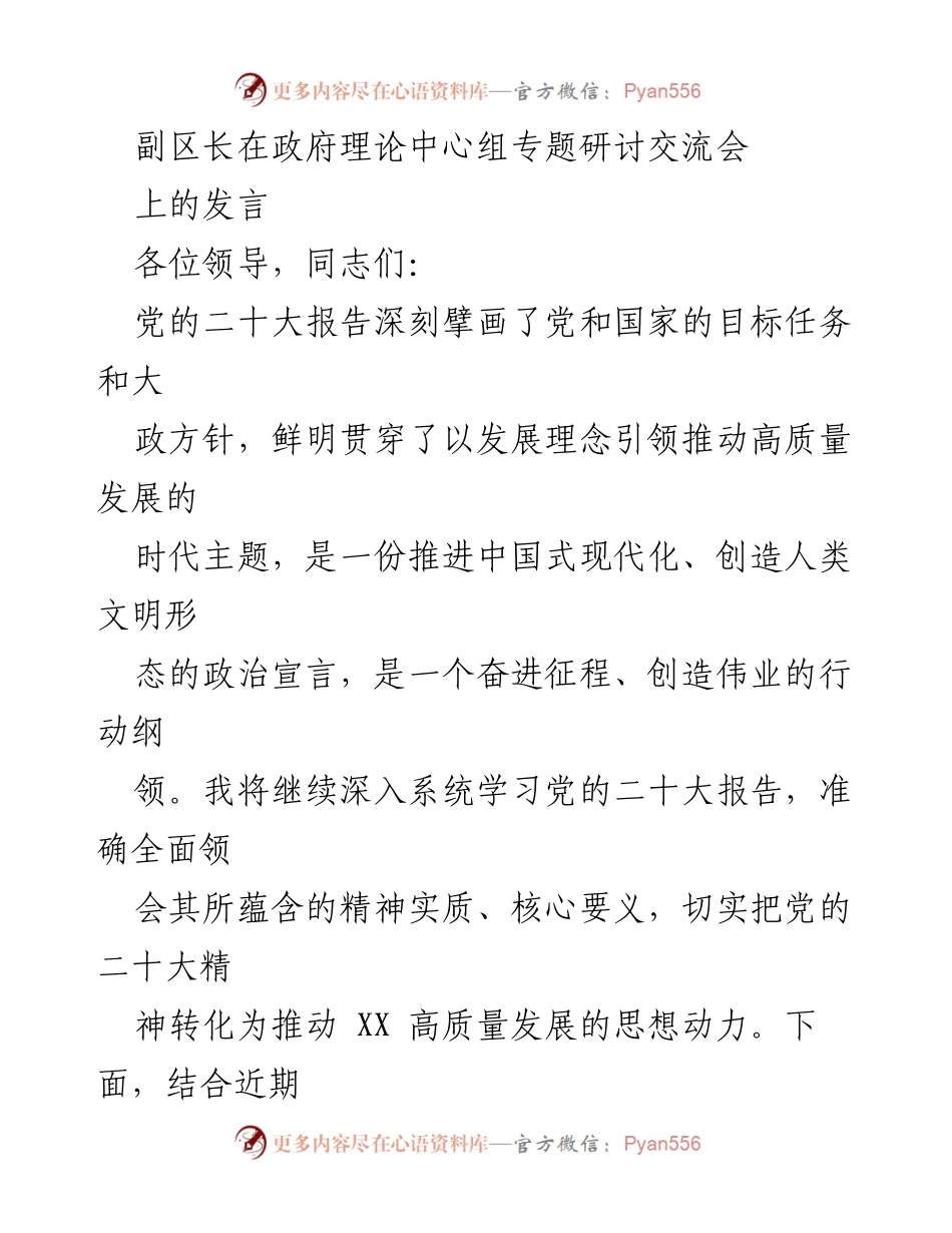 [发言] 政府理论中心组专题研讨交流会 - 深入学习党的二十大精神，推动高质量发展_2.docx_第1页