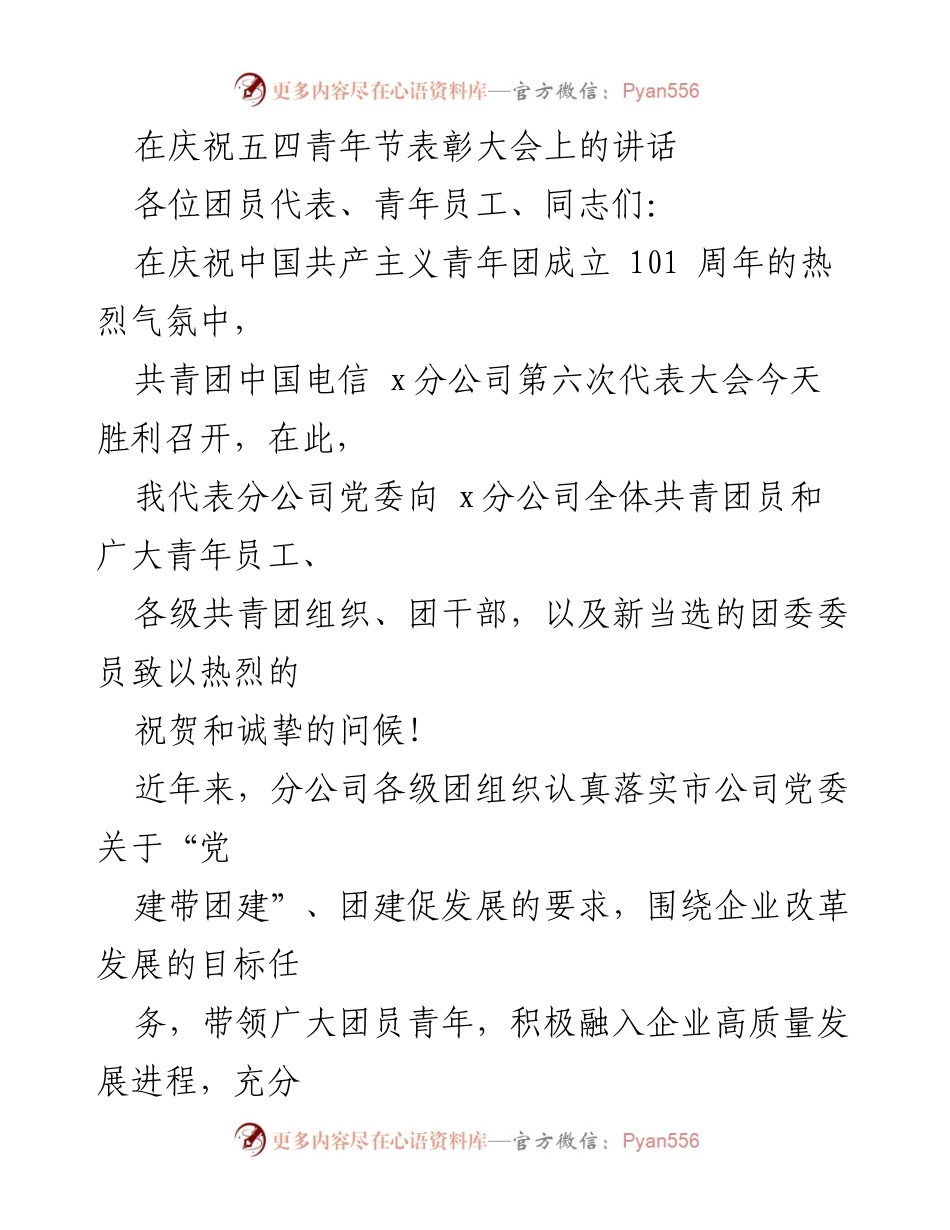 [发言] 庆祝五四青年节表彰大会 - 青年力量：在新时代中担当作为的号召.docx_第1页
