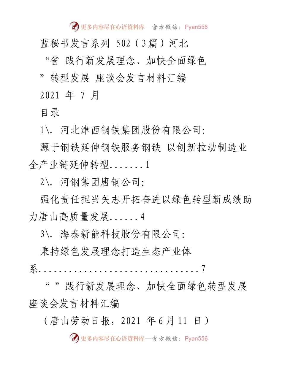 [发言] 座谈会 - 加快全面绿色转型发展：河北钢铁企业的创新与责任担当.docx_第1页