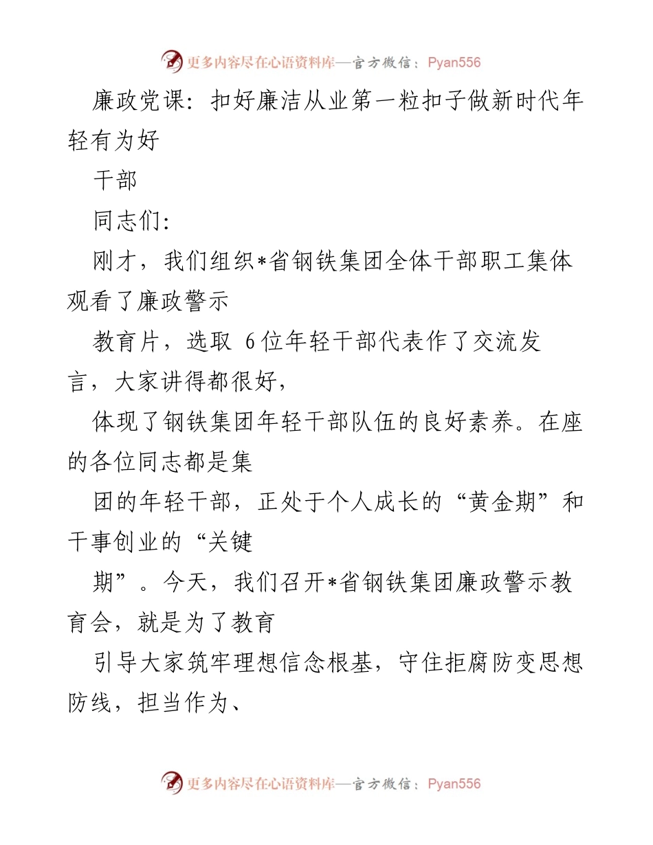 [发言] 廉政警示教育会 - 扣好廉洁从业第一粒扣子，做新时代年轻有为好干部.docx_第1页