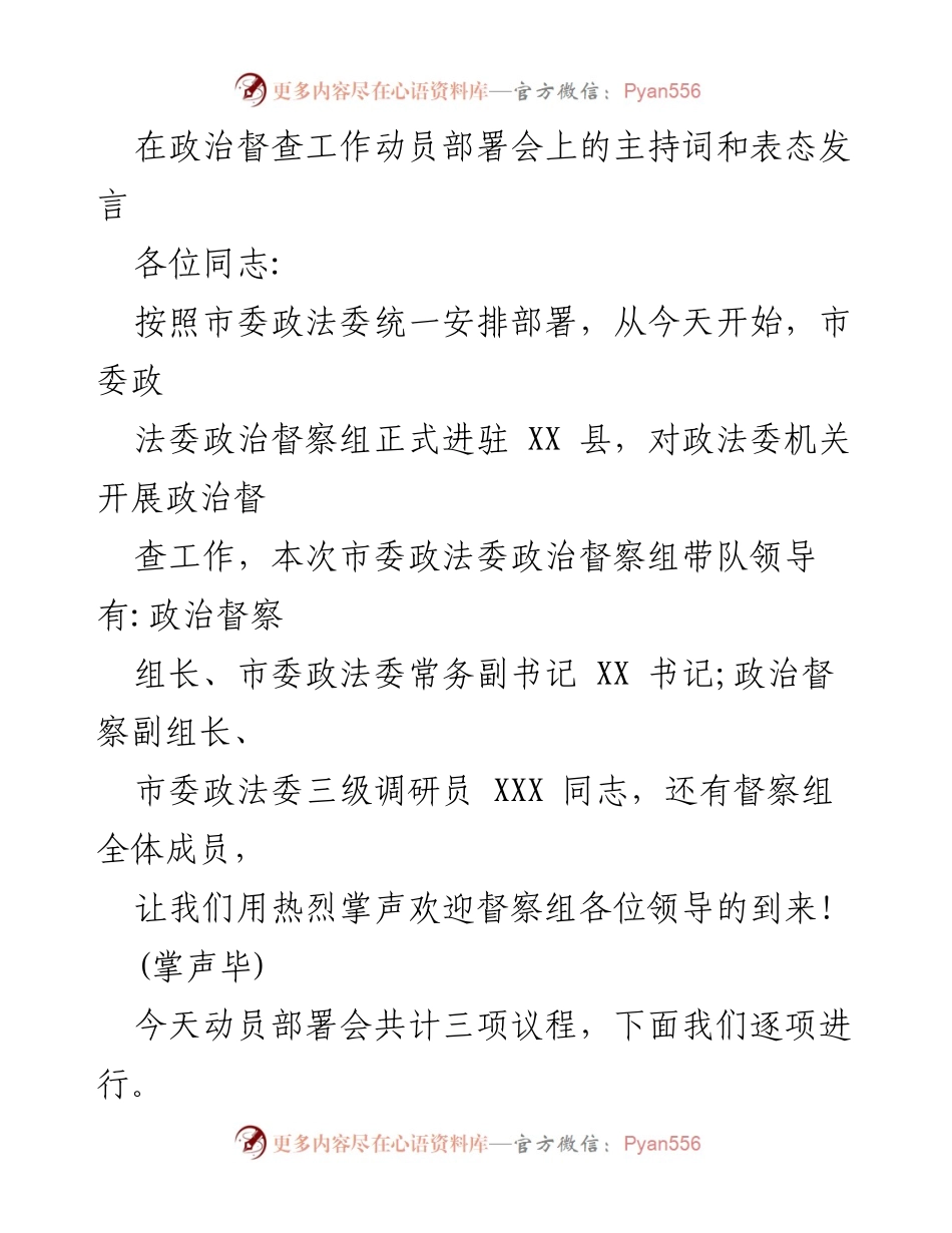 [发言] 政治督查工作动员部署会 - 政治督查工作的重要性与配合表态发言.docx_第1页