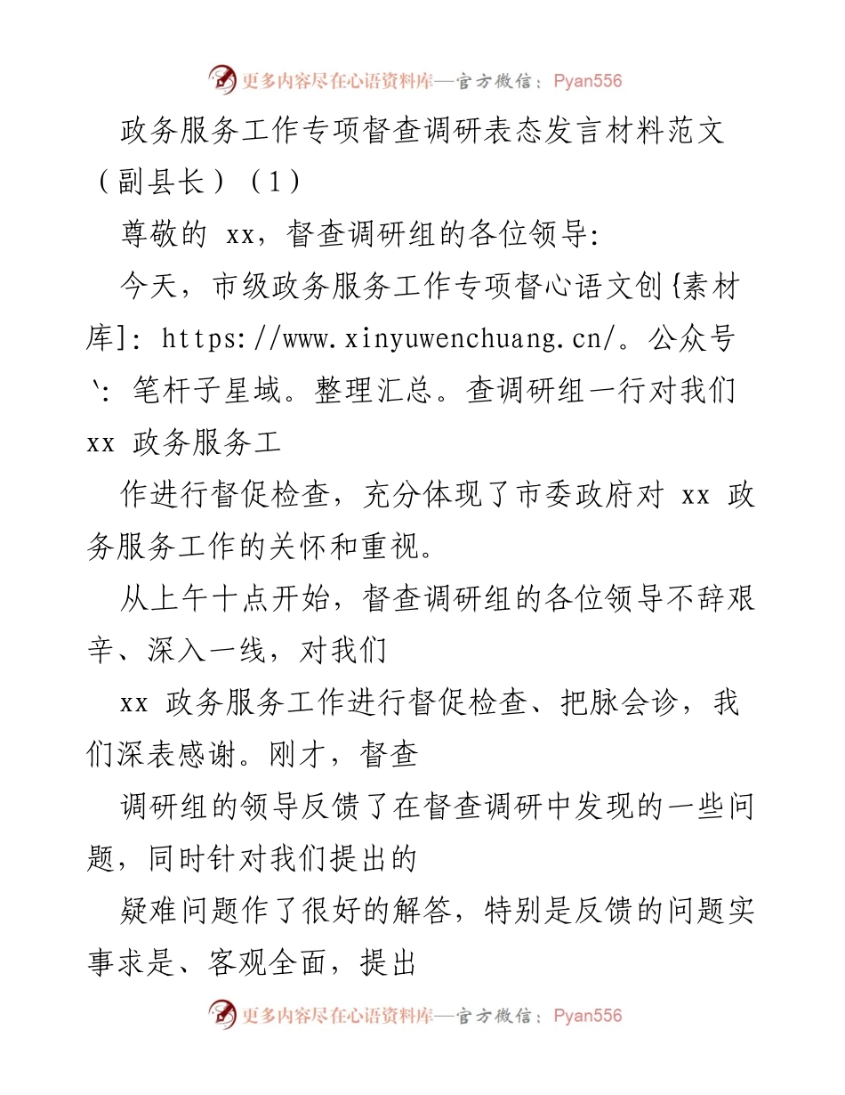 [发言] 政务服务督查调研 - 政务服务工作整改表态发言.docx_第1页