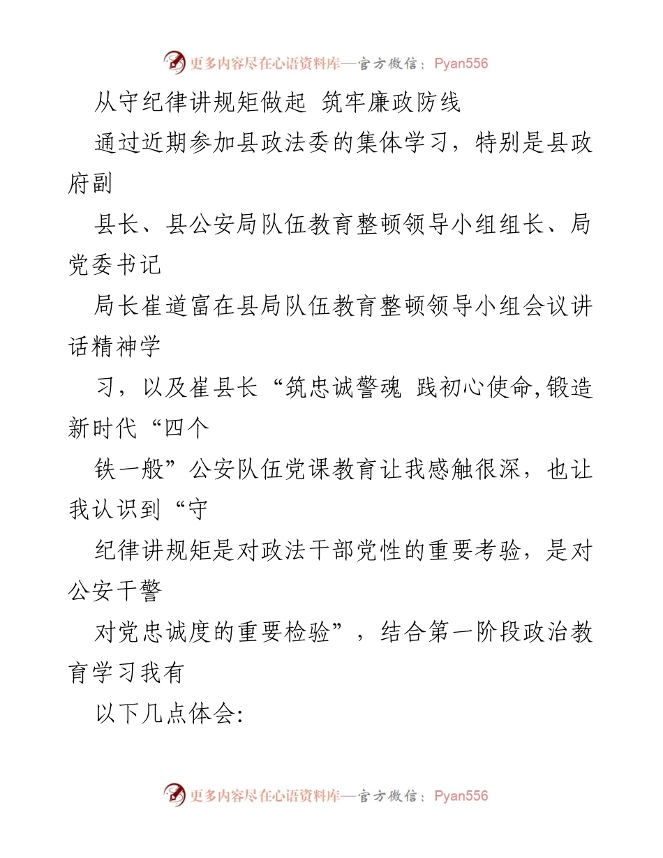 [发言] 政法队伍教育整顿会议 - 从守纪律讲规矩做起，筑牢廉政防线.docx_第1页