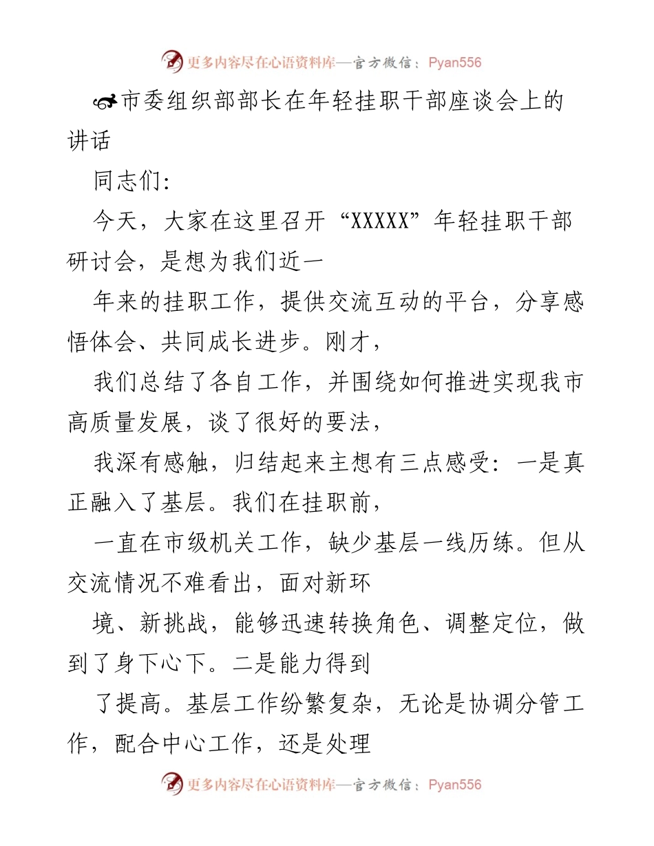 [发言] 年轻挂职干部座谈会 - 加速成长，勇担重任：年轻挂职干部的使命与责任.docx_第1页