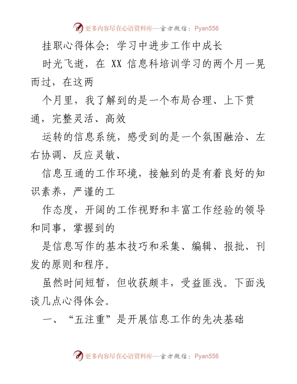 [发言] 挂职培训总结 - 学习与成长：信息工作中的心得体会.docx_第1页