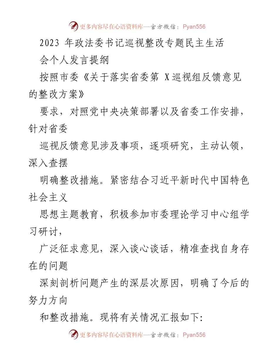 [发言] 政法委书记巡视整改专题民主生活会 - 深入查摆问题，明确整改措施的发言提纲.docx_第1页