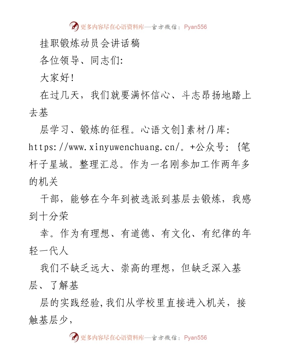 [发言] 挂职锻炼动员会 - 基层锻炼的重要性与个人成长策略.docx_第1页