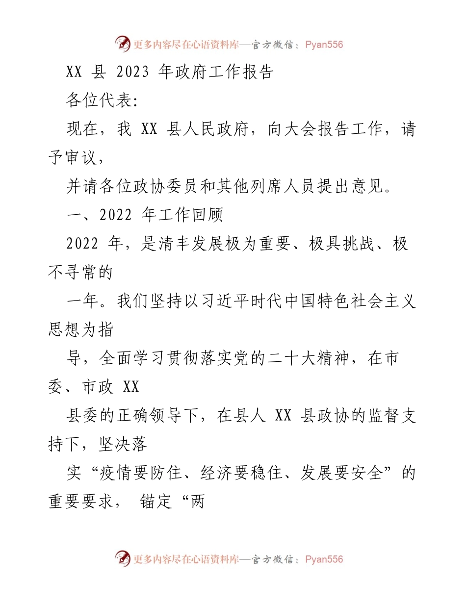 [发言] 政府工作大会 - XX县2023年政府工作报告.docx_第1页