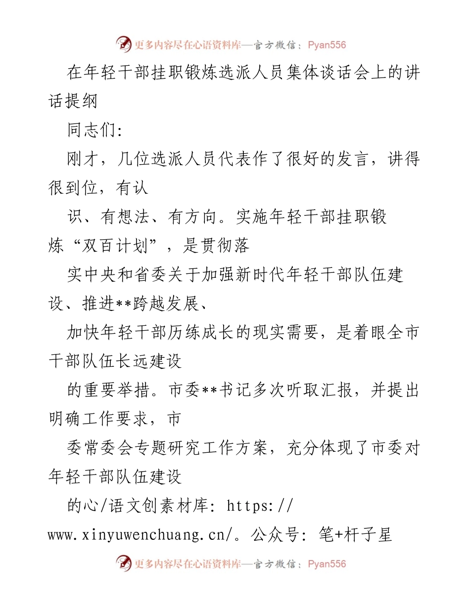 [发言] 年轻干部挂职锻炼集体谈话会 - 强化年轻干部能力提升，勇于担当未来重任.docx_第1页