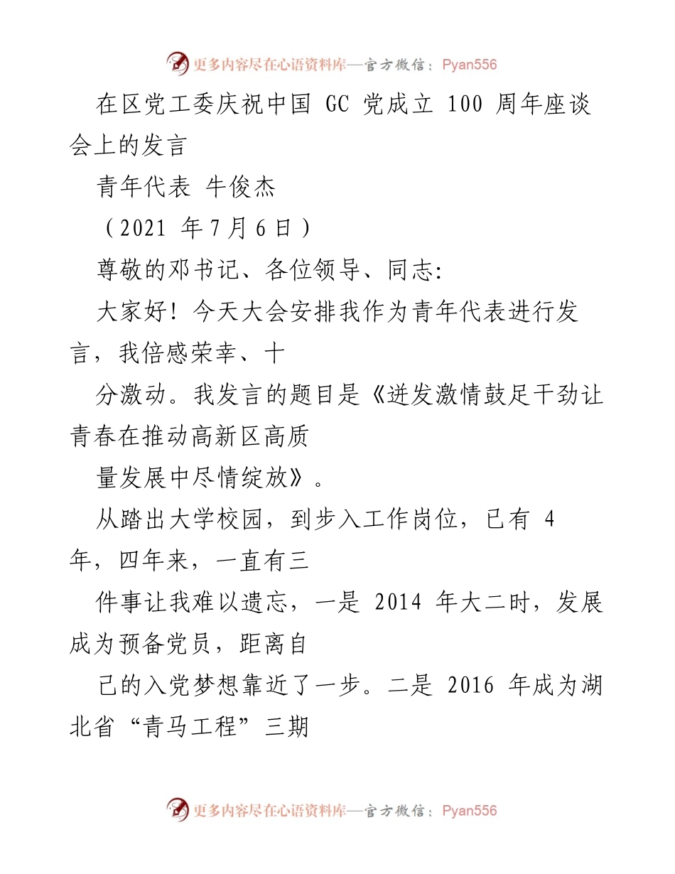 [发言] 庆祝中国共产党成立100周年座谈会 - 让青春在推动高新区高质量发展中尽情绽放.docx_第1页