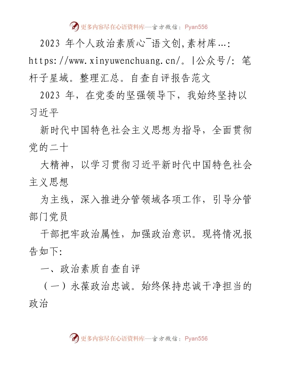 [发言] 政治素质自查 - 2023年个人政治素质自查自评报告.docx_第1页