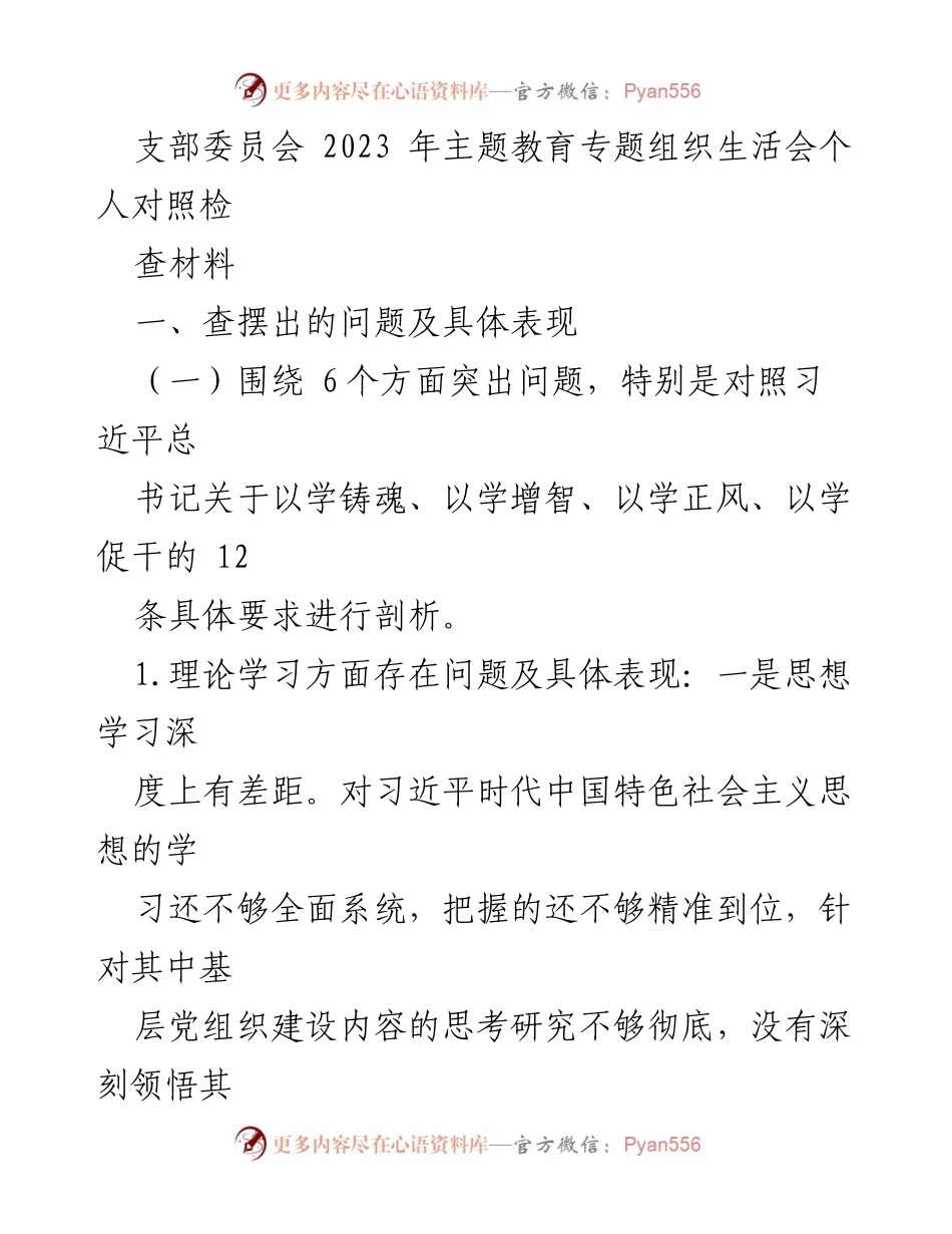 [发言] 支部委员会主题教育专题组织生活会 - 2023年主题教育个人对照检査材料分析.docx_第1页