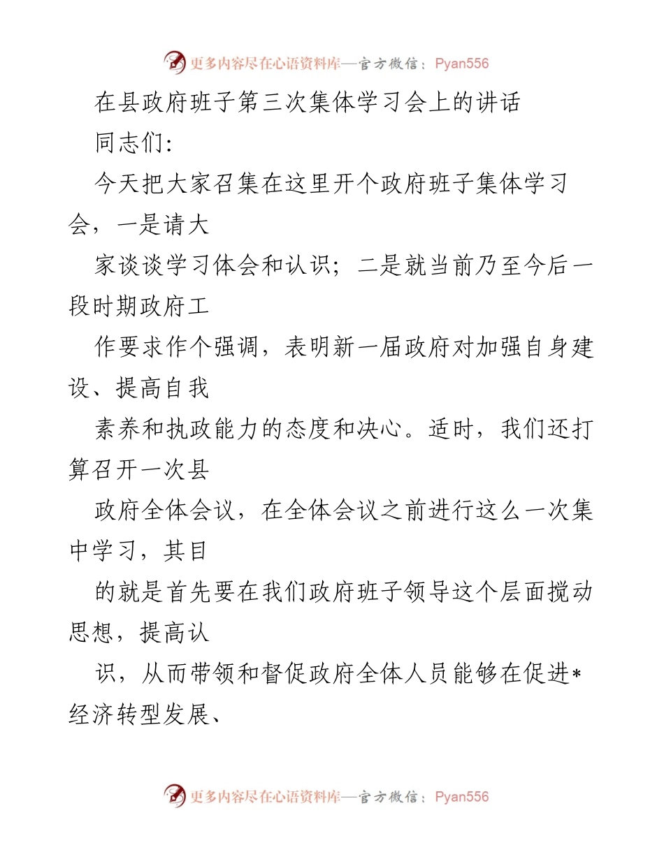 [发言] 政府班子集体学习会 - 加强政府自身建设与执政能力的讲话.docx_第1页
