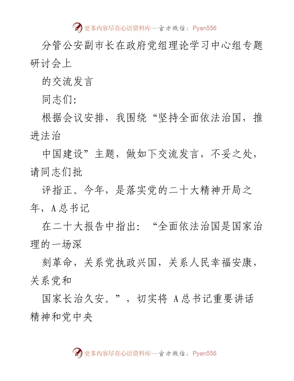 [发言] 政府党组理论学习中心组专题研讨会 - 推进法治中国建设：公安副市长的交流发言.docx_第1页