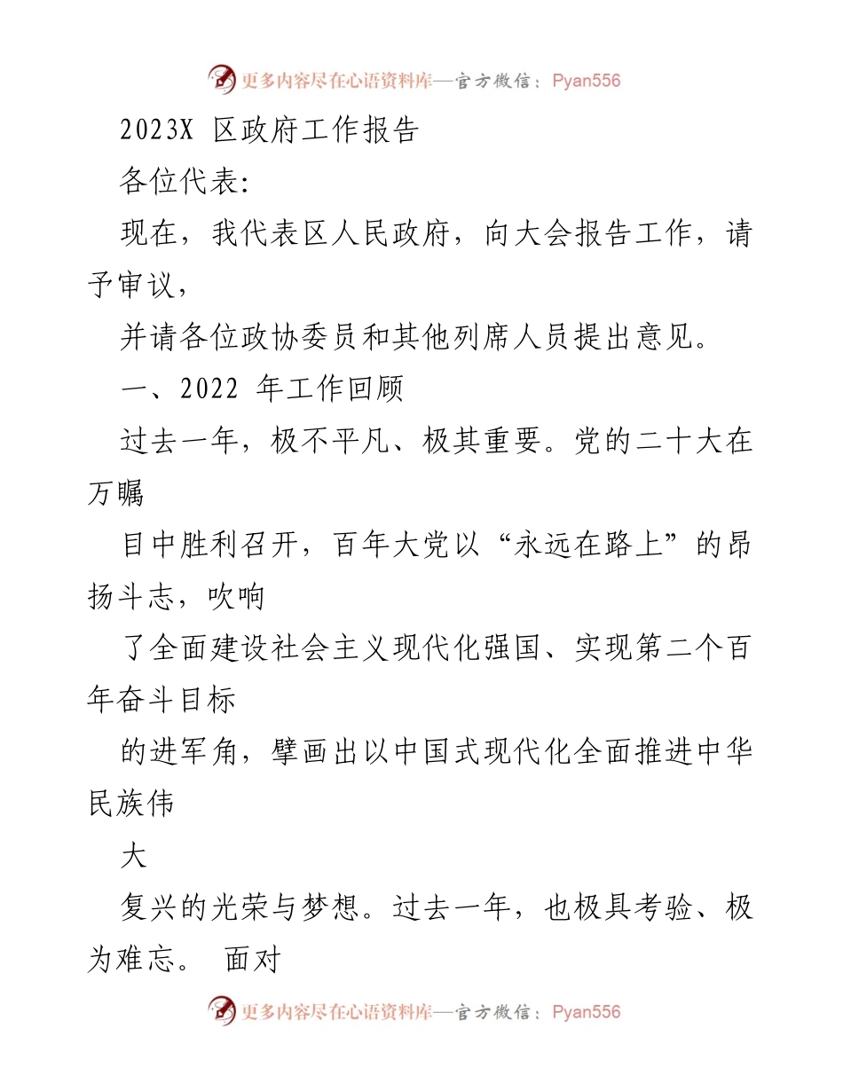 [发言] 政府工作报告 - 2023年度X区政府工作总结报告.docx_第1页