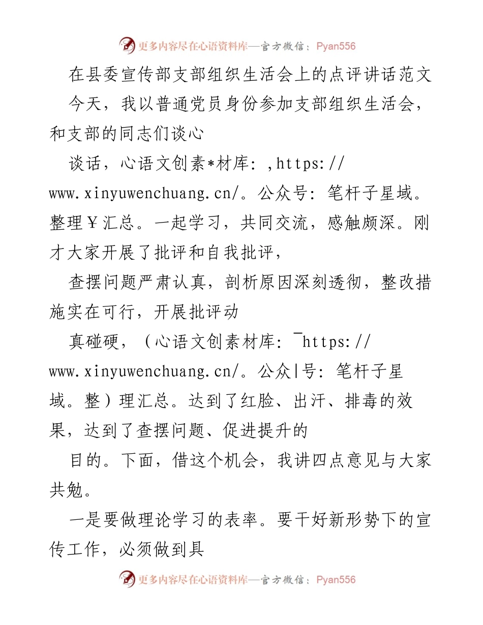 [发言] 支部组织生活会 - 提升宣传工作理论素养与务实创业精神的四点意见.docx_第1页