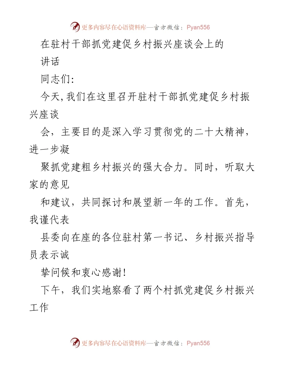 [发言] 座谈会 - 驻村干部抓党建促乡村振兴的重要性与成效.docx_第1页