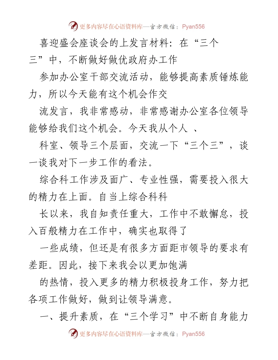[发言] 座谈会 - 在“三个三”中提升政府办工作质量.docx_第1页