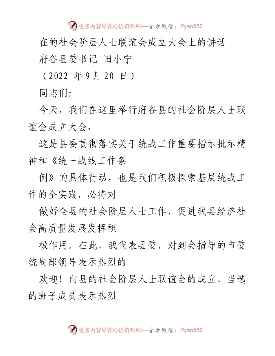 [发言] 成立大会 - 府谷县社会阶层人士联谊会成立的重要性与工作展望.docx_第1页