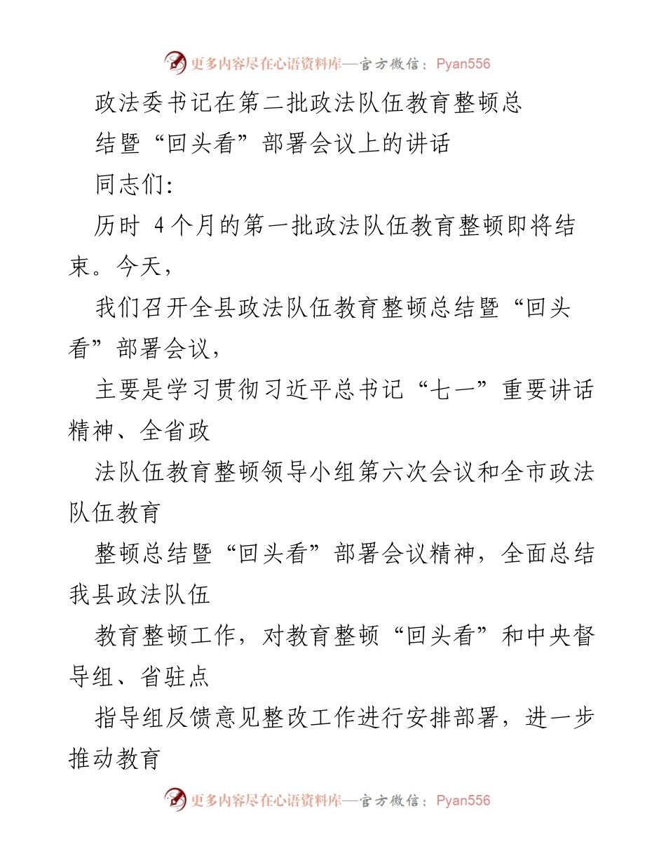 [发言] 政法队伍教育整顿总结暨“回头看”部署会议 - 深入推进教育整顿，提升政法队伍纯洁性与忠诚度.docx_第1页