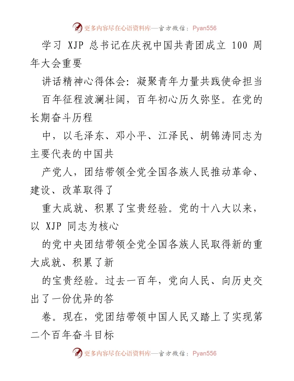 [发言] 庆祝中国共青团成立100周年大会 - 青年干部的使命与担当.docx_第1页