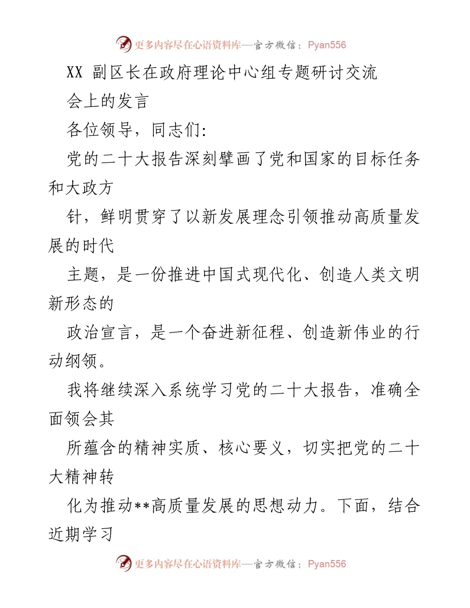 [发言] 政府理论中心组专题研讨交流会 - 深入学习党的二十大精神，推动高质量发展.docx_第1页