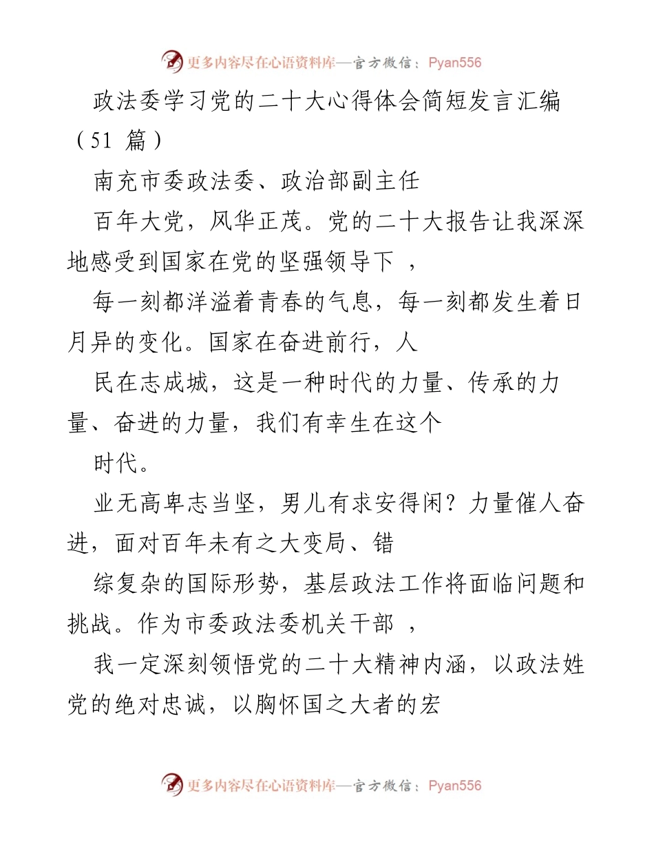[发言] 政法委学习党的二十大 - 深刻领悟党的二十大精神，奋进新时代政法工作.docx_第1页