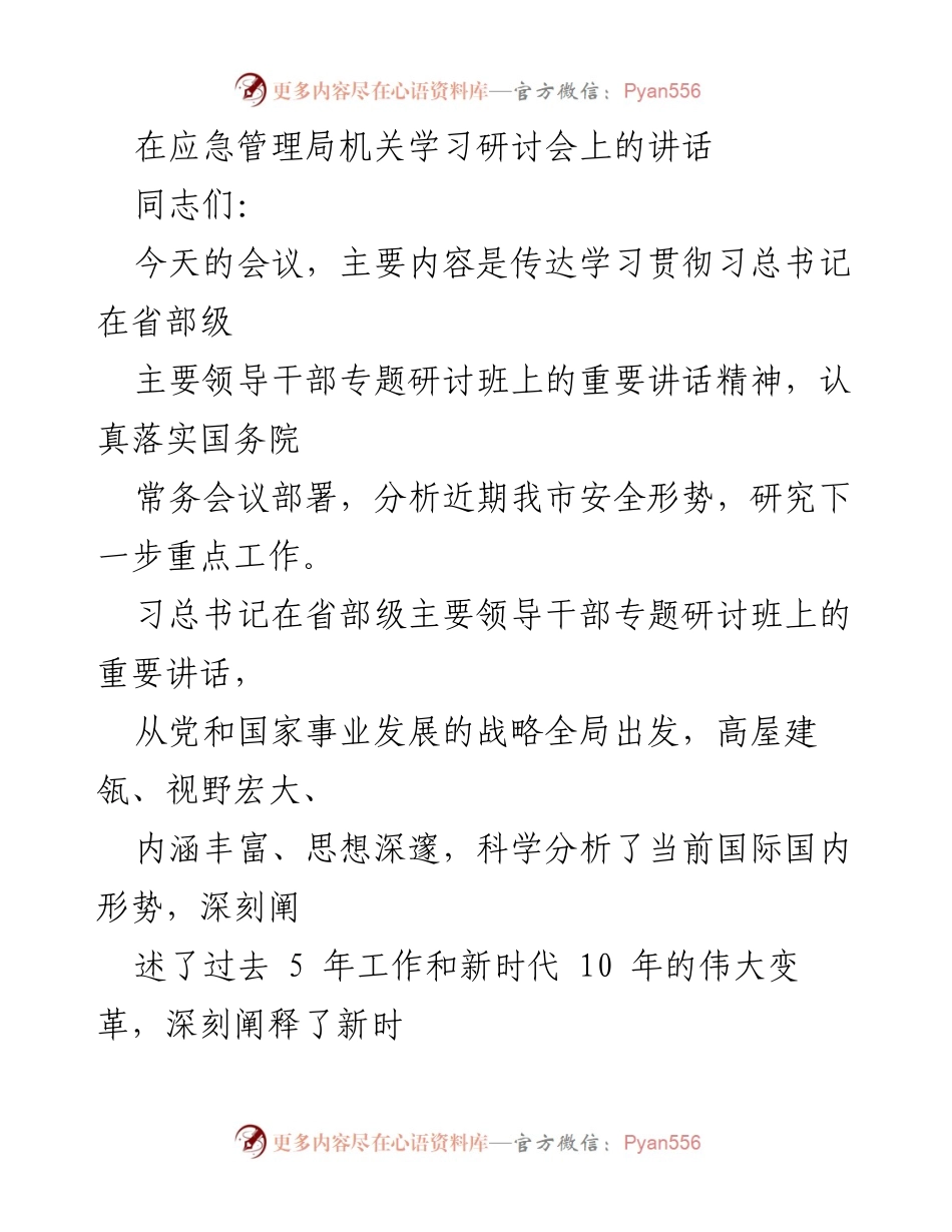 [发言] 应急管理局机关学习研讨会 - 深入学习贯彻习总书记重要讲话精神，推动应急管理工作再上新台阶.docx_第1页