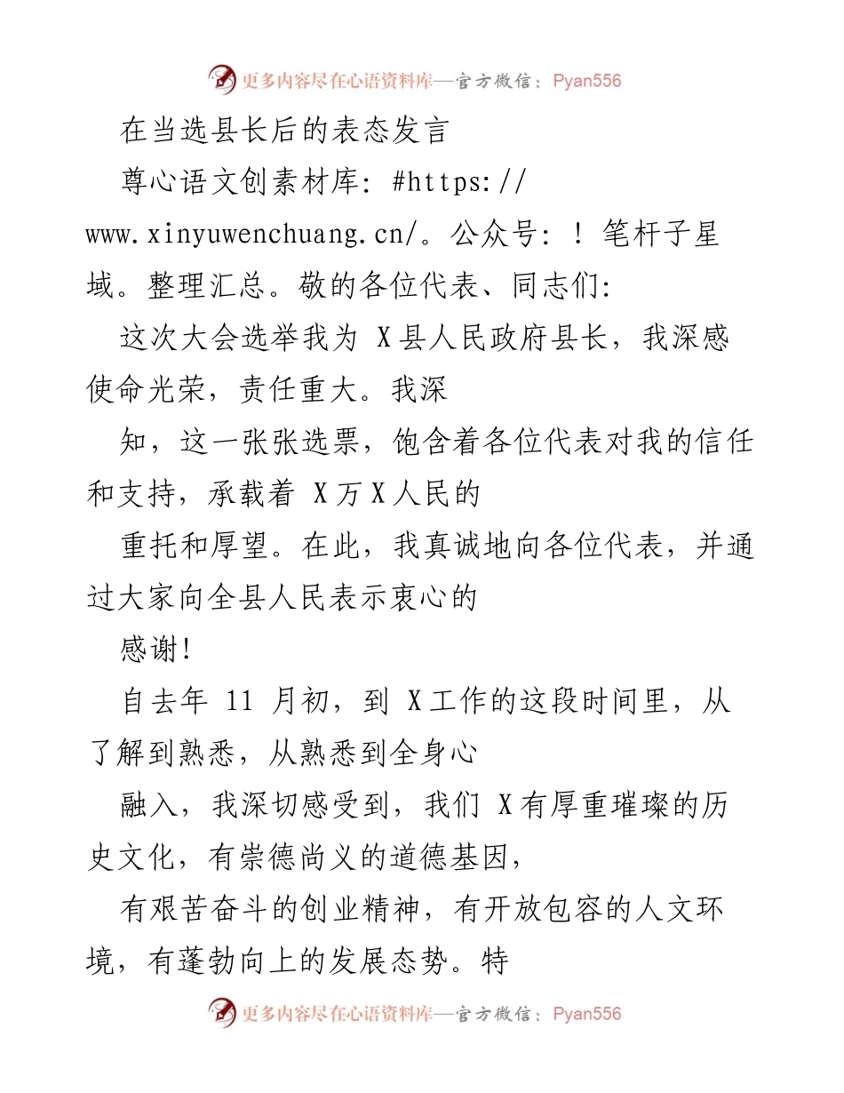 [发言] 当选县长后的表态发言 - 新任县长的使命与责任宣言.docx_第1页