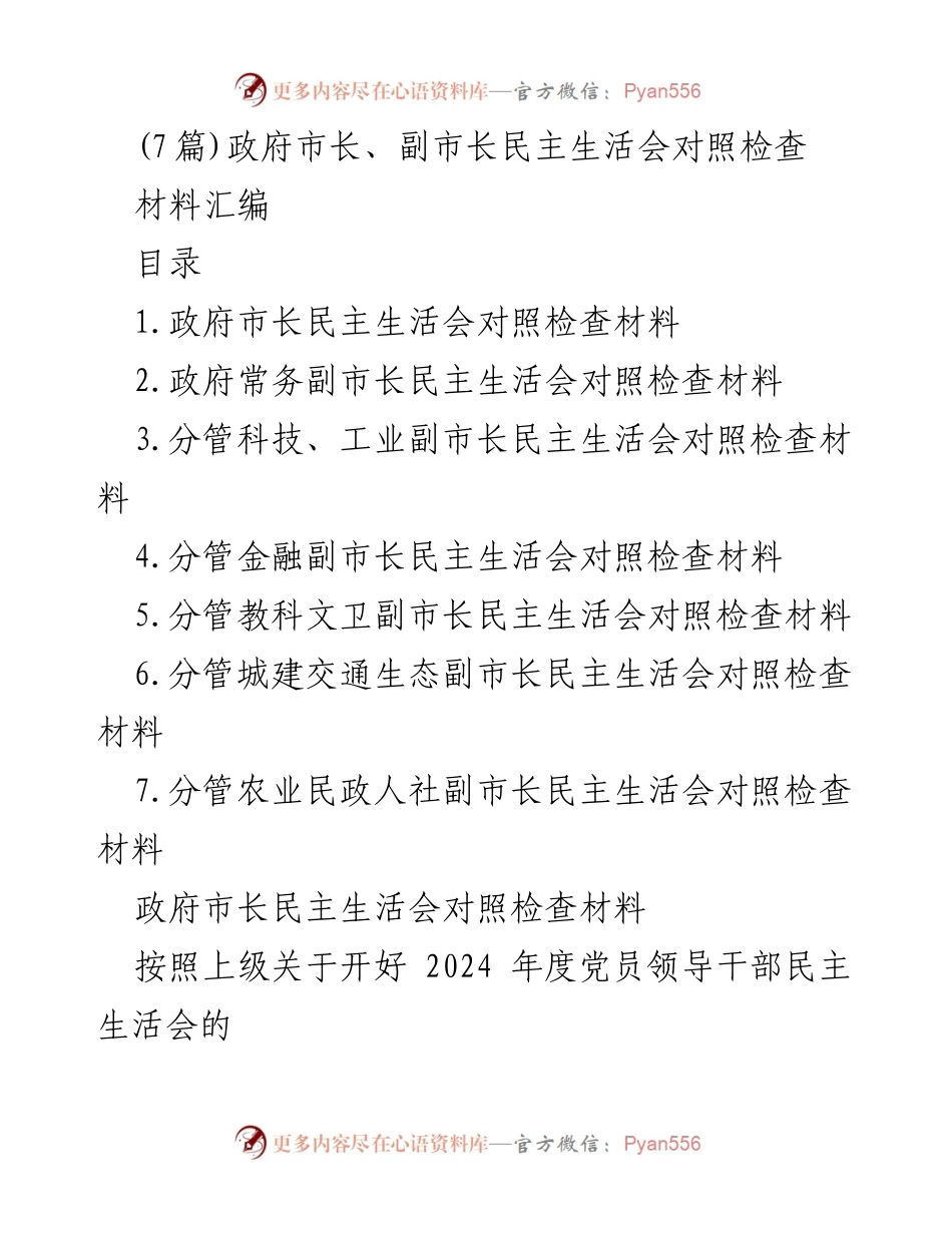 [发言] 政府市长、副市长民主生活会 - 2024年度民主生活会对照检查汇报材料.docx_第1页