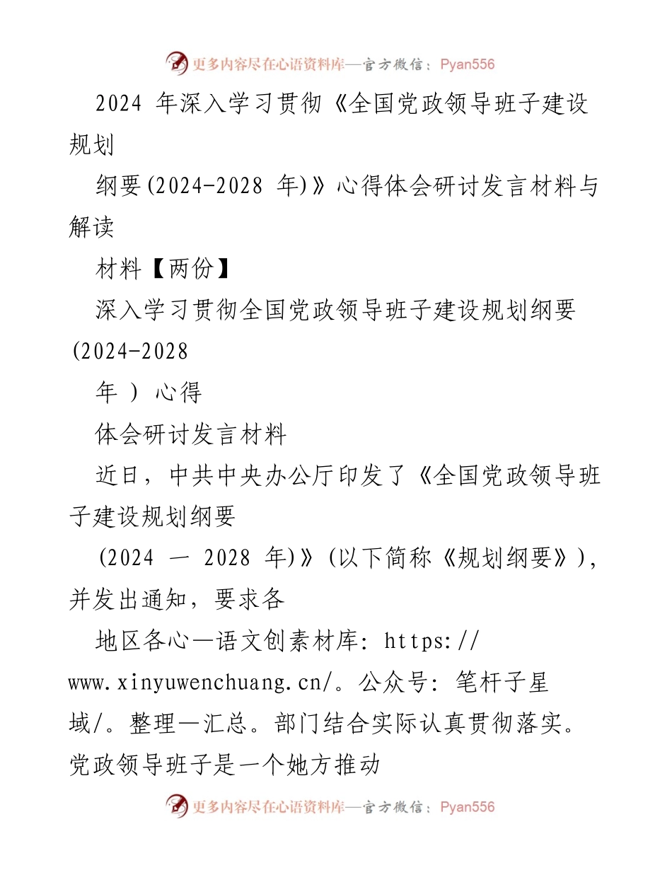 [发言] 心得体会研讨 - 深入学习《全国党政领导班子建设规划纲要(2024-2028年)》的思考与实践.docx_第1页