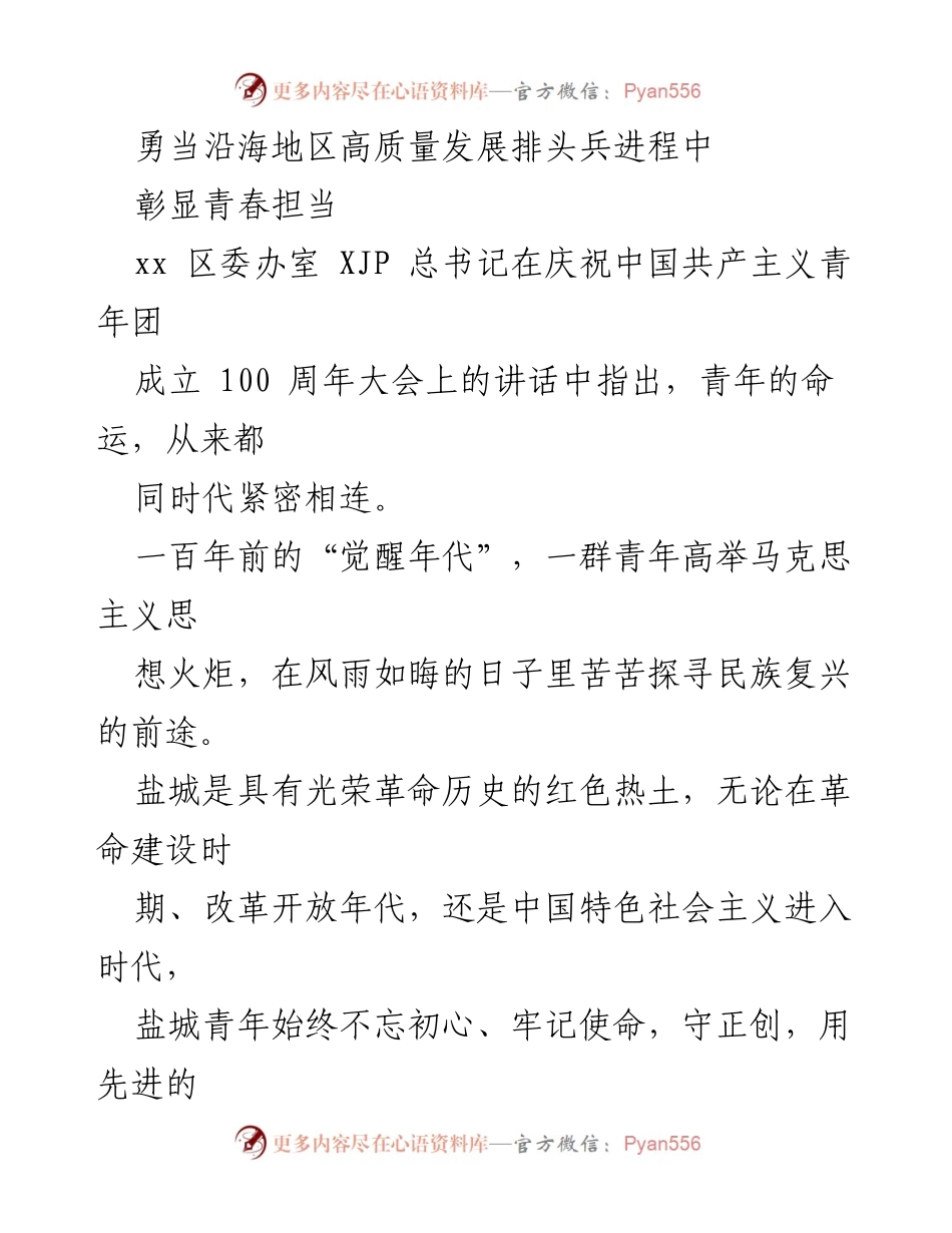 [发言] 庆祝大会 - 勇当高质量发展排头兵，彰显青春担当.docx_第1页