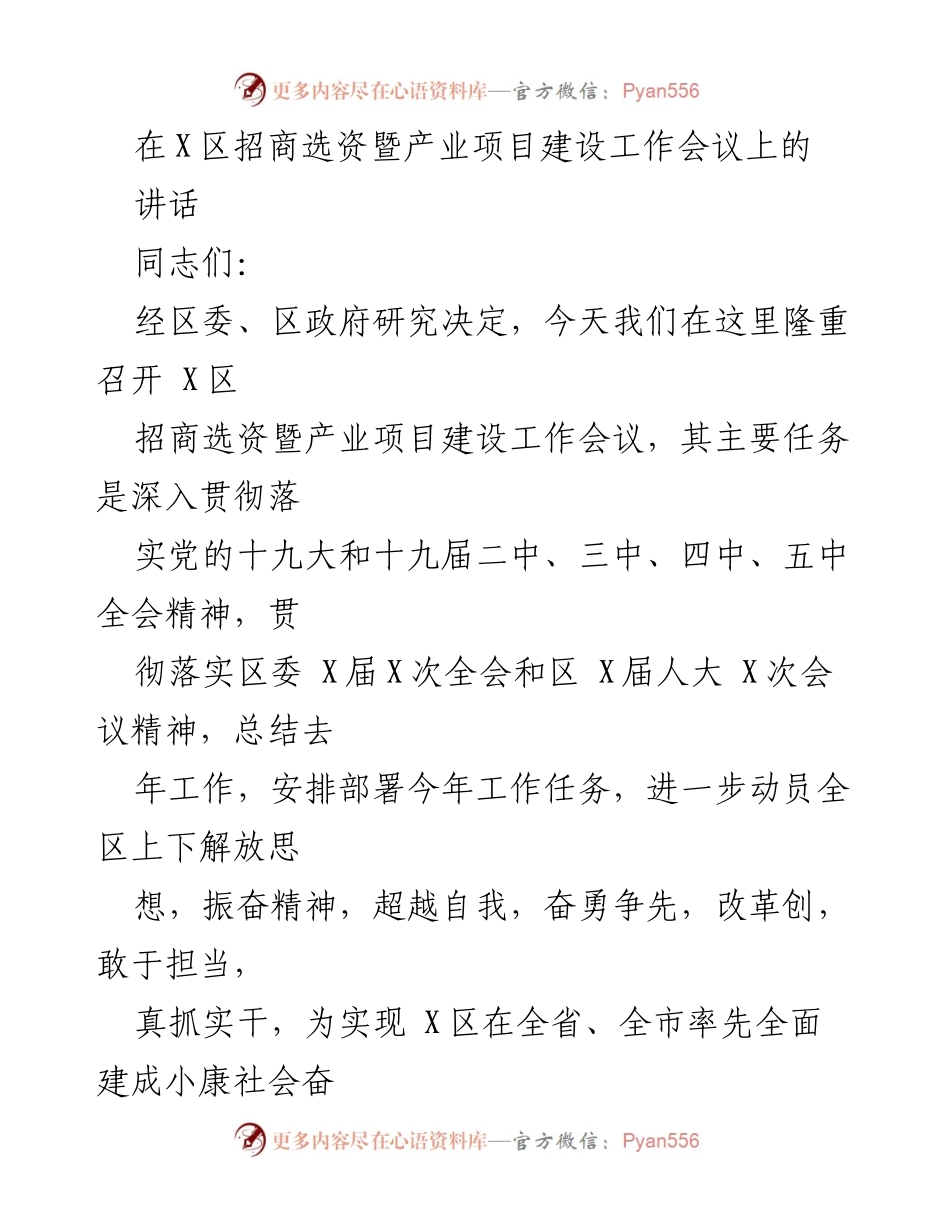 [发言] 招商选资暨产业项目建设工作会议 - 深入贯彻落实，奋勇争先，推动X区经济发展新征程.docx_第1页