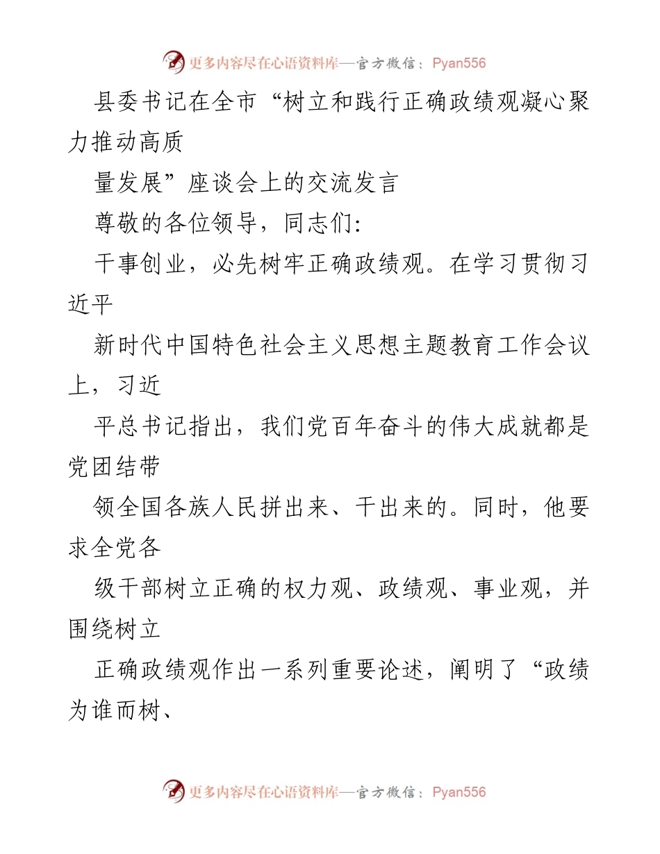 [发言] 座谈会 - 树立正确政绩观，推动高质量发展.docx_第1页