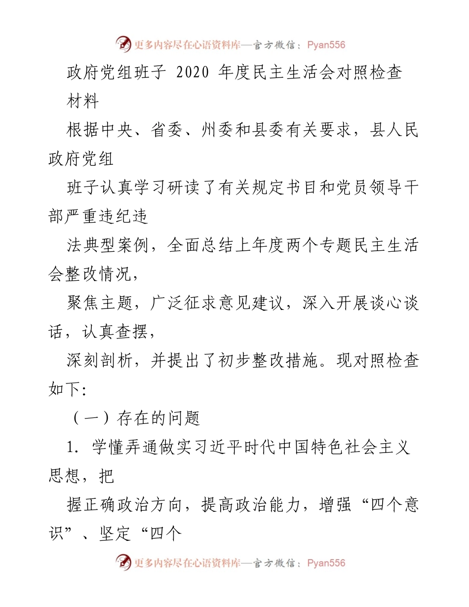 [发言] 政府党组班子年度民主生活会 - 2020年度民主生活会对照检查及整改措施.docx_第1页