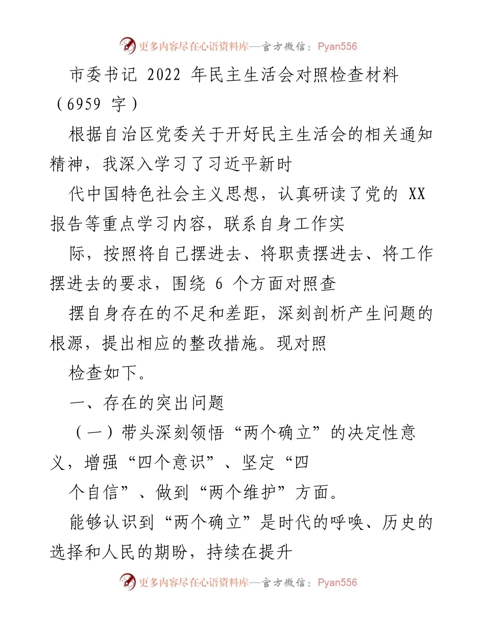[发言] 民主生活会 - 市委书记2022年民主生活会对照检查材料.docx_第1页