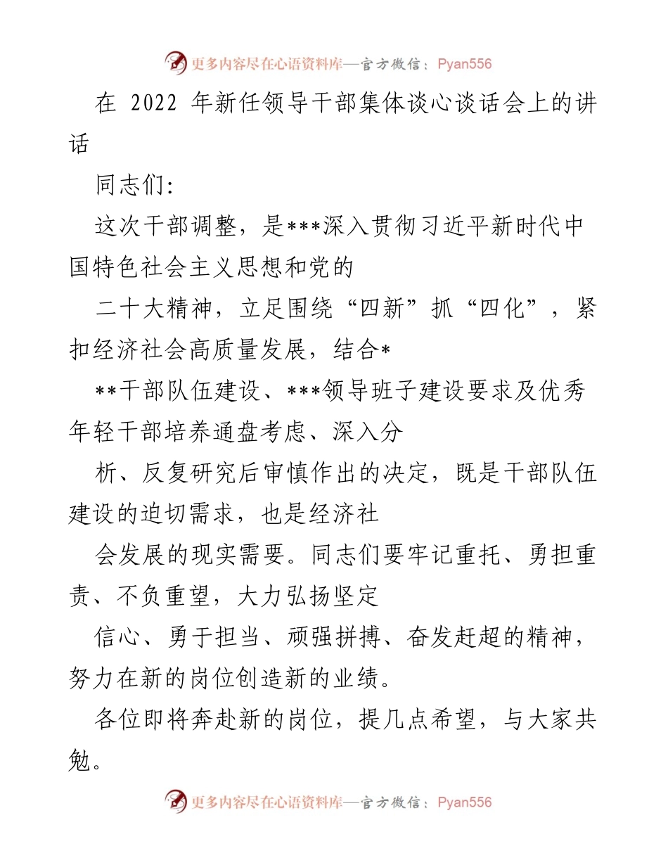 [发言] 新任领导干部集体谈心谈话会 - 新时代干部调整与责任担当的讲话.docx_第1页