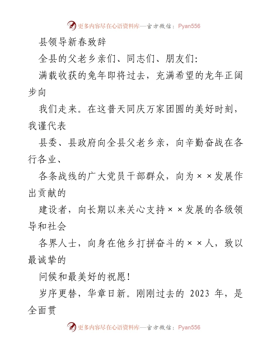 [发言] 新春庆祝 - 县领导新春致辞：回顾过去，展望未来.docx_第1页